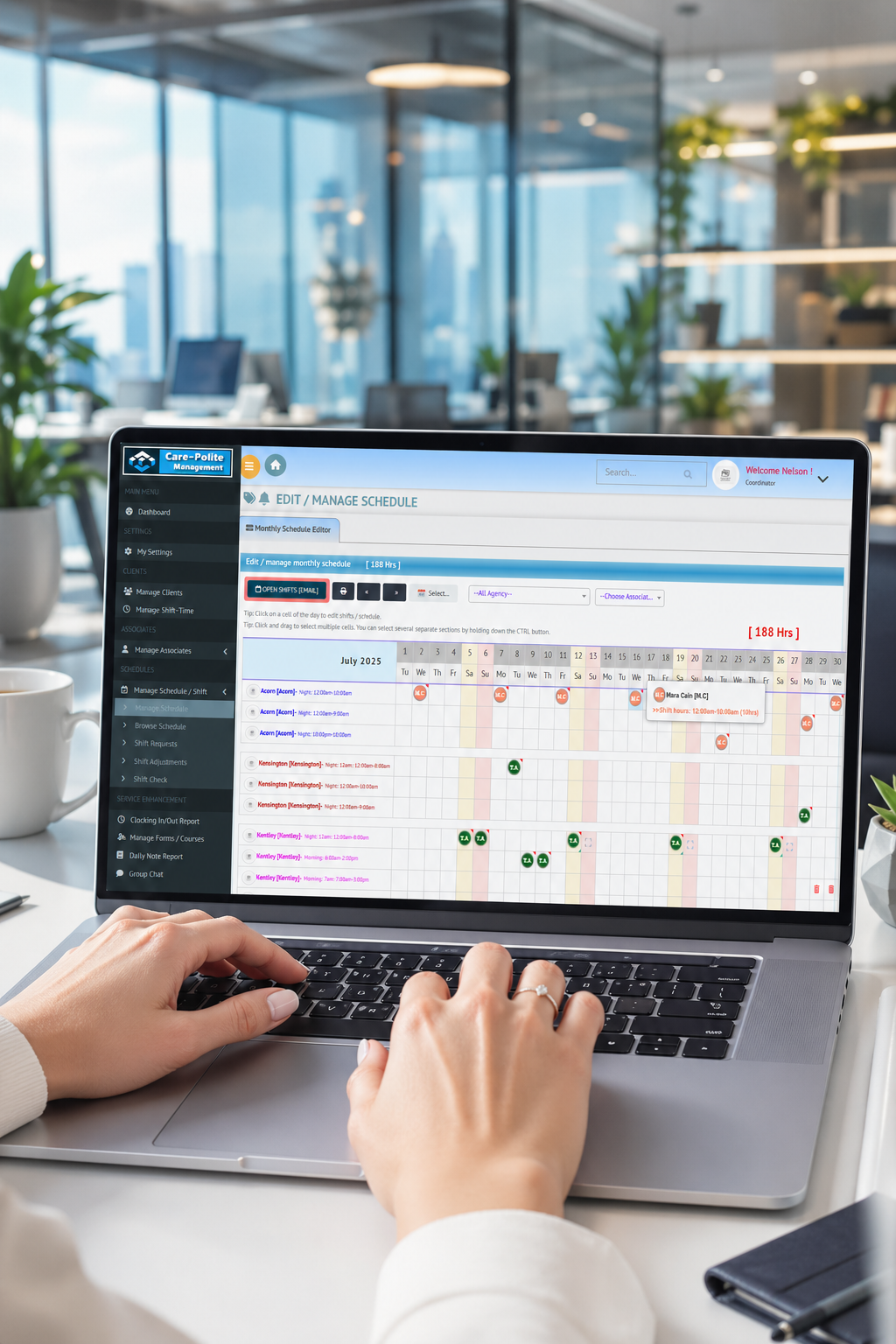 Administrator working on scheduling and calendar application on computer